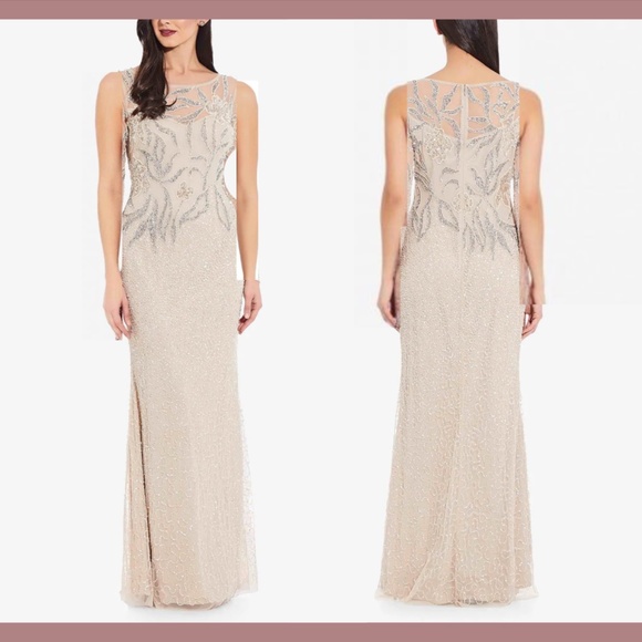 NEW $329 ADRIANNA PAPELL [ 6‎ ] Sleeveless Beaded Column Gown In Biscotti Cream - Picture 1 of 8